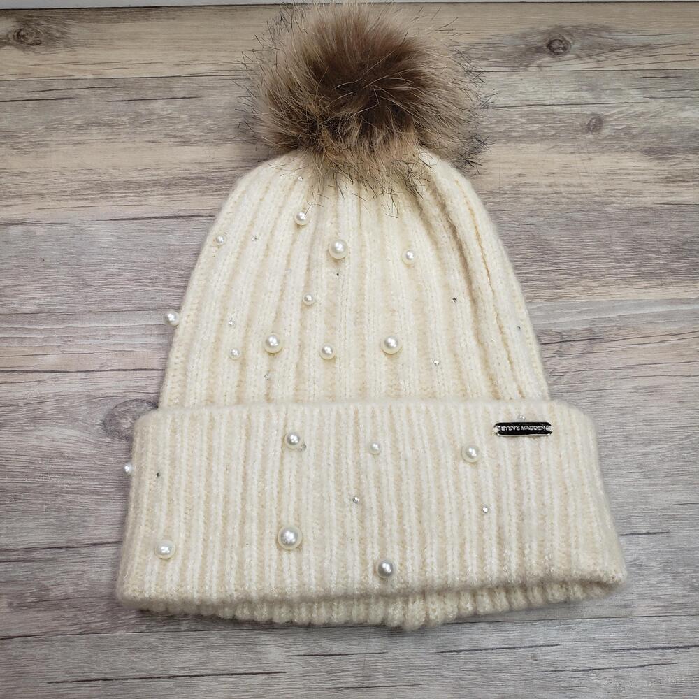 Steve Madden Hat Beanie Pom Womens One Size White Pearl Fur Knit Beaded Winter